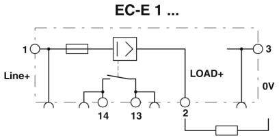 Schemat elektryczny modułu przekaźnikowego. Symbolicznie przedstawione komponenty obejmują diodę, rezystor oraz zaciski Line+ i Load+.