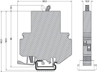 Rysunek techniczny systemu profilowego z wymiarami: wysokość 96 mm, szerokość 83,5 mm, głębokość 12,5 mm. Szczegółowy widok wnętrza.