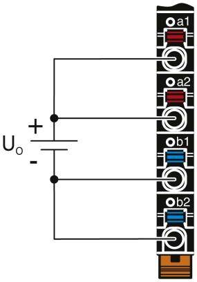 Schemat elektrycznego obwodu: Dwie pary diod elektroluminescencyjnych (a1/a2 oraz b1/b2) połączone ze źródłem napięcia Uo+.