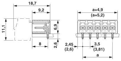 Rysunek techniczny złącza z wymiarami: szerokość 18,7 mm, wysokość 11,1 mm, głębokość 8 mm. Przedstawiono odległości połączeń i szczegóły.