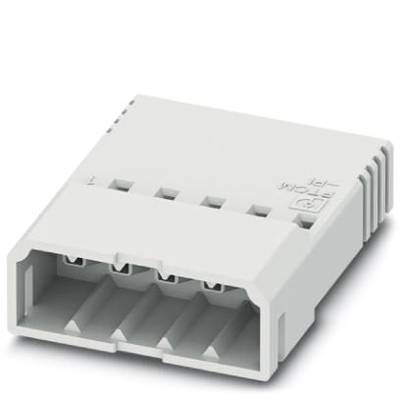 Biały, prostokątny wtyk plastikowy z wieloma otworami na gniazda i symbolem na powierzchni. Przeznaczony do połączeń elektronicznych.