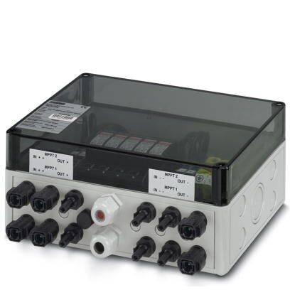 Prostokątna, szara skrzynka rozdzielcza elektroniczna z wieloma czarnymi złączami i przezroczystą pokrywą.