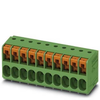 Zielony elektryczny złącz z dziewięcioma pomarańczowymi stykami, stosowany do łączenia obwodów elektrycznych.