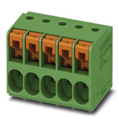 Zielony, pięciobiegunowy złącze elektryczne z pomarańczowymi dźwigniami; nadające się do montażu na płytce drukowanej.