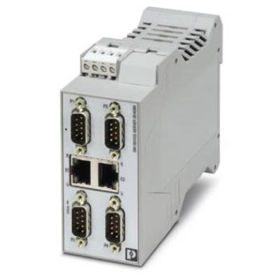 Szary elektroniczny sprzęt z wieloma gniazdami, w tym czterema portami szeregowymi i dwoma portami Ethernet.