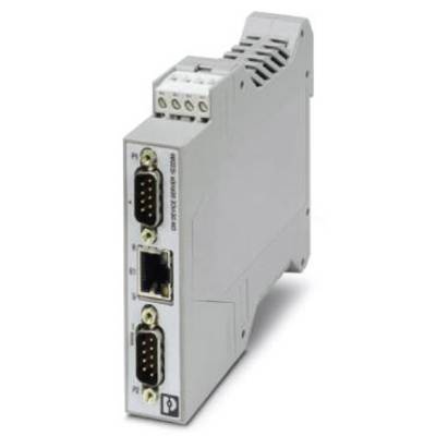Szary moduł elektryczny z wieloma złączami, w tym dwoma złączami szeregowymi i złączem Ethernet, przeznaczony do komunikacji przemysłowej.