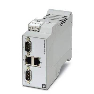 Szary przemysłowy przełącznik Ethernet z wieloma portami, w tym dwoma portami sieciowymi i dwoma portami szeregowymi, sfotografowany na białym tle.
