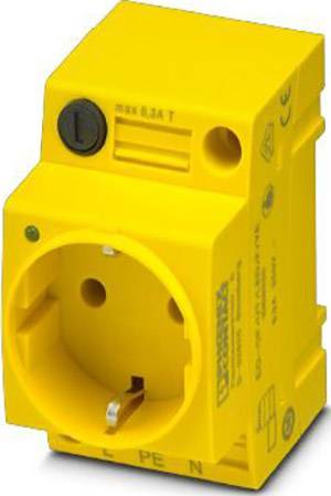 Żółte gniazdo elektryczne z bolcem ochronnym i bocznymi oznaczeniami bezpieczeństwa. Odpowiednie do zasilania urządzeń o mocy do 6,3 ampera.