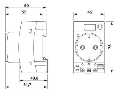 Rysunek techniczny urządzenia elektrycznego z wymiarami: 60 mm szerokości, 75 mm wysokości. Przedstawia szczegóły takie jak podłączenia i gniazdo.