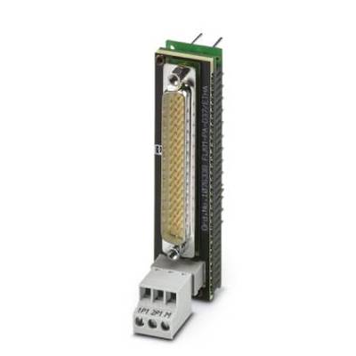 Element elektroniczny z przyłączami i zieloną płytką drukowaną; oznacza specyficzny system złączy.