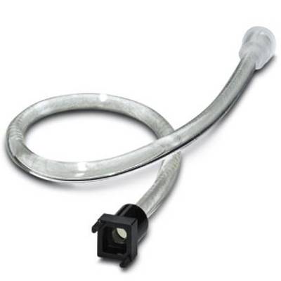 Przezroczysty wąż spiralny z czarnym złączem na jednym końcu, prawdopodobnie przewód hydrauliczny lub pneumatyczny.