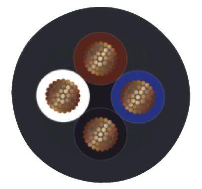 Cztery kable o różnych kolorach w przekroju poprzecznym, każdy zawierający wewnątrz wielowarstwowe miedziane druty o sześciokątnym przekroju.