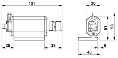Rysunek techniczny elementu elektrycznego z wymiarami w milimetrach. Przedstawia długość, szerokość i złącza z dwóch perspektyw.