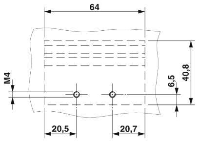 Rysunek techniczny prostokątnego obiektu o wymiarach 64x40,8. Oznaczone punkty mocowania na 20,5 i 20,7 oraz pozycja śruby M4. Skala w milimetrach.