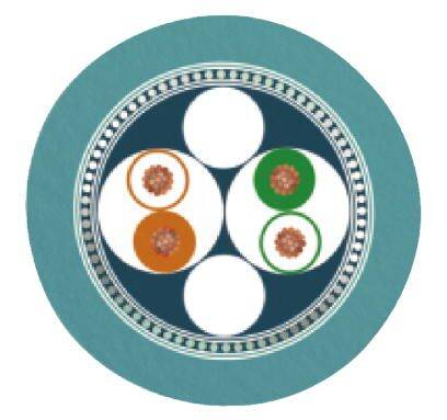 Okrągły wzór z trzema kołami wewnątrz, zawierającymi dwie mniejsze, dekoracyjne formy w kolorach pomarańczowym i zielonym. Subtelna gra kolorów.