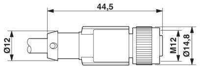 Rysunek techniczny cylindrycznego wtyczki. Wymiary: całkowita długość 44,5 mm, średnica 12 mm, gwint M12, maksymalna średnica 14,8 mm.