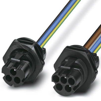 Dwa czarne elektroniczne złącza z wieloma okrągłymi przyłączami i kolorowymi przewodami w kolorach zielono-żółtym oraz brązowo-niebieskim.