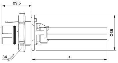 Rysunek techniczny elementu cylindrycznego o średnicy 35 mm i całkowitej długości 29,5 mm plus zmienna wartość x.