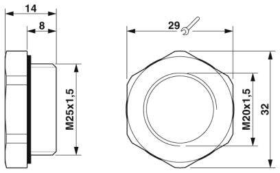 Rysunek sześciokątnej nakrętki z jednostkami miary. Widok z boku z lewej strony pokazuje wysokość 14 i 8 mm, widok z góry z prawej strony pokazuje szerokość 29 mm.