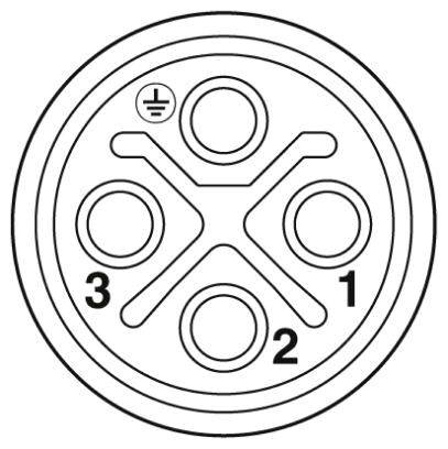 Schemat elektryczny złącza z czterema okrągłymi gniazdami, ponumerowanymi od 1 do 3. W lewym górnym rogu widoczny jest symbol uziemienia.