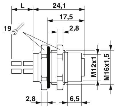 Rysunek techniczny wtyczki ze szczegółowymi wymiarami w milimetrach, w tym średnicą i długością.