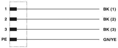 Diagram przedstawia cztery poziome linie: 1, 2, 3 posiadają oznaczenie 'BK' z numerycznym identyfikatorem. 'PE' odpowiada 'GN/YE'. Połączenia biegną w prawo.