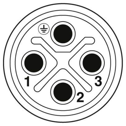 Diagram złącza z czterema ponumerowanymi pinami (od 1 do 4), symbolem uziemienia i krzyżującymi się ścieżkami przewodzącymi.