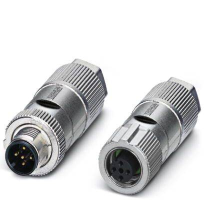 Metalowe złącza z okrągłymi gniazdami wtyczkowymi i obudową ochronną. Odpowiednie do połączeń elektronicznych w zastosowaniach przemysłowych.