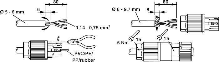 Instrukcja montażu wtyczki: Długości przewodów, zdejmowanie izolacji (0,5-6 mm²), zaciskanie końcówek, moment dokręcania 5 Nm. Materiały: PVC, PE, PP, guma.