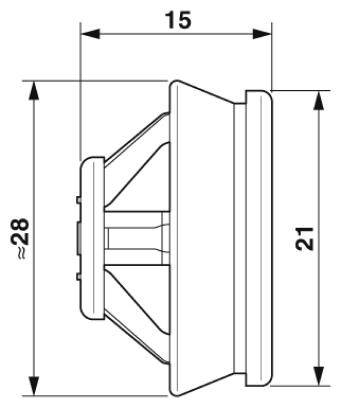 Rysunek techniczny przekroju głośnika z wymiarami: średnica 15 cm, wysokość całkowita 28 cm, głębokość 21 cm.