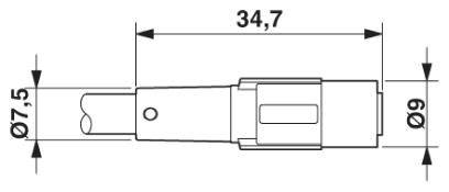 Rysunek techniczny złącza. Całkowita długość 34,7 mm, średnica 9 mm, przedni obszar o średnicy 7,5 mm.