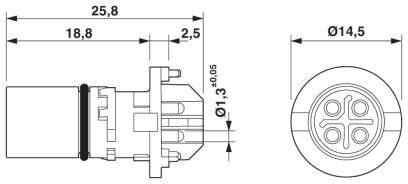 Rysunek techniczny wtyczki z wymiarami: długość 25,8 mm, szerokość 14,5 mm, śruba 18,8 mm, średnica całkowita 14,5 mm.