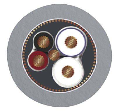 Przekrój przewodu przedstawia kilka izolowanych żył przewodzących w różnych kolorach, otoczonych zewnętrzną osłoną.