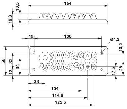 Rysunek techniczny prostokątnego elementu z wymiarami i otworami. Na górze widok z boku, na dole widok z góry.