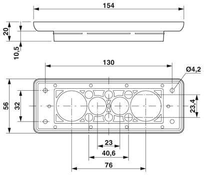 Rysunek techniczny prostokątnego elementu o wymiarach: długość 154, szerokość 56, wysokość 20. Zawiera otwory i obwody elektryczne.