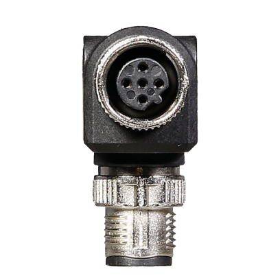 Czarny, wielostykowy złącz z obudową okrągłego kształtu i srebrnymi stykami, widziany od przodu.