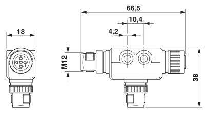 Rysunek techniczny złącza elektrycznego z wymiarami: szerokość 66,5 mm, wysokość 38 mm, wtyk M12, z zaznaczonymi dodatkowymi szczegółami.