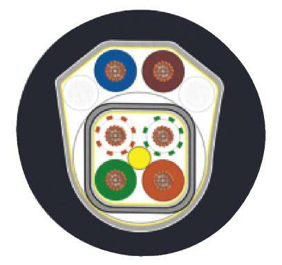Obraz przedstawia diagram techniczny z przewodami oznaczonymi kolorami w złączu elektrycznym lub elemencie przyłączeniowym.