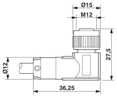 Rysunek techniczny złącza L-kształtnego z wymiarami: długość całkowita 36,25 mm, wysokość 27,5 mm, średnica 12 mm i 15 mm, gwint M12.