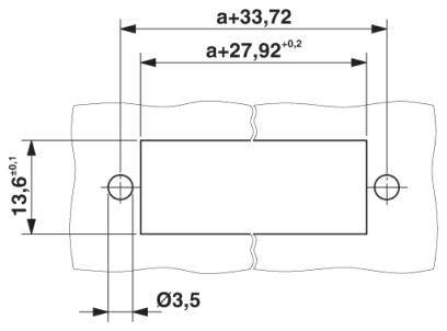 Rysunek techniczny prostokątnego elementu metalowego z otworami i wymiarami: szerokość 33,72 mm; wysokość 13,6 mm; średnica otworu 3,5 mm.