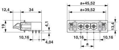 Rysunek techniczny złącza, przedstawiający widok z boku i z góry z wymiarami w milimetrach, w tym szerokość i rozstaw styków.
