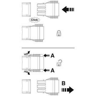 Diagram przedstawia wtyczkę, która jest blokowana przez kliknięcie i zabezpieczana zamkiem (A) oraz odblokowywana (B). Strzałki wskazują kierunek.