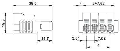 Rysunek techniczny złącza z podanymi wymiarami: szerokość 38,5 mm, wysokość 19,8 mm, rozstaw styków 3,81 mm, 7,62 mm.