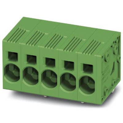 Zielony elektryczny blok złączowy z pięcioma gniazdami. Używany do łączenia przewodów w zastosowaniach elektronicznych.