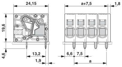 Widok elektrycznego planu przyłączeniowego z wymiarami. Po lewej: widok z boku przedstawiający wymiary 19,6 x 24,15 mm; po prawej: widok z góry z czterema przyłączami, odległość między nimi 7,5 mm.