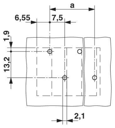 Rysunek techniczny dwóch płyt z otworami. Odległości między otworami: 6,55, 7,5, 13,2, 2,1 oraz 1,9 jednostek, 'a' nieokreślone.