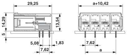 Schemat elektronicznego złącza z wymiarami w milimetrach. Przedstawia widok z boku z kluczowymi wymiarami do montażu.