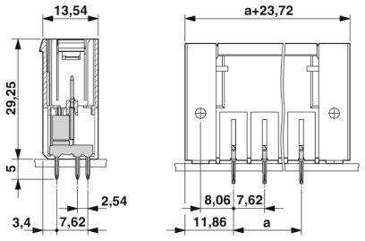 Rysunek elementu elektronicznego ze szczegółowymi wymiarami w mm. Wymiary: wysokość 29,25; szerokość 23,72; zaznaczone różne odległości.