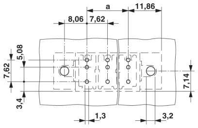 Rysunek techniczny złącza z wymiarami w milimetrach: szerokość 11,86, wysokość 7,14, rozstaw otworów 8,06 i 7,62 mm.