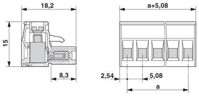 Rysunek techniczny listwy złącza z widokiem bocznym i czołowym. Wymiary: wysokość 15 mm, głębokość 8,3 mm, szerokość 18,2 mm. Kodowanie z rozstawem 2,54 mm i 5,08 mm.